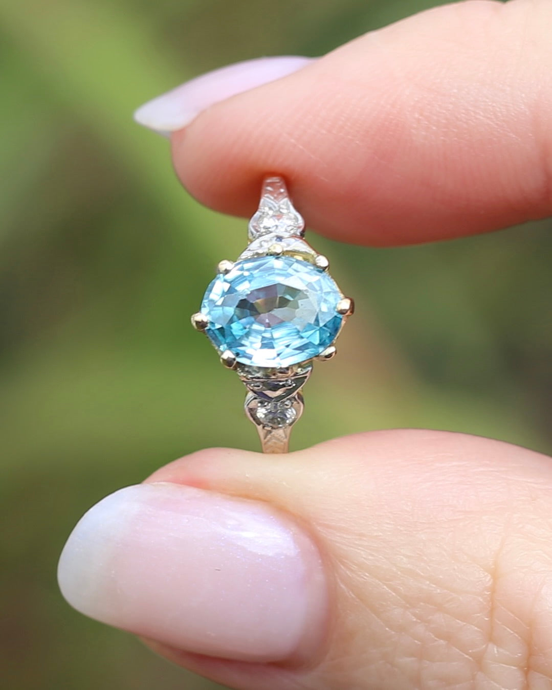 Circa 1930s Art Deco Blue Zircon and Diamond Ring, 18ct size just over M1/2 or 6.5, 2.80g