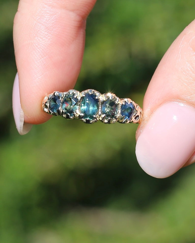 2.08ct Parti Sapphire Five Stone Ring,London Made 1989 9ct yellow Gold, size P1/2 or 8, 3.07g