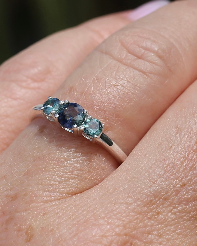 0.85ct Natural Parti Sapphire Trilogy Ring, Sterling Silver, size Q or 8.25, 1.98g