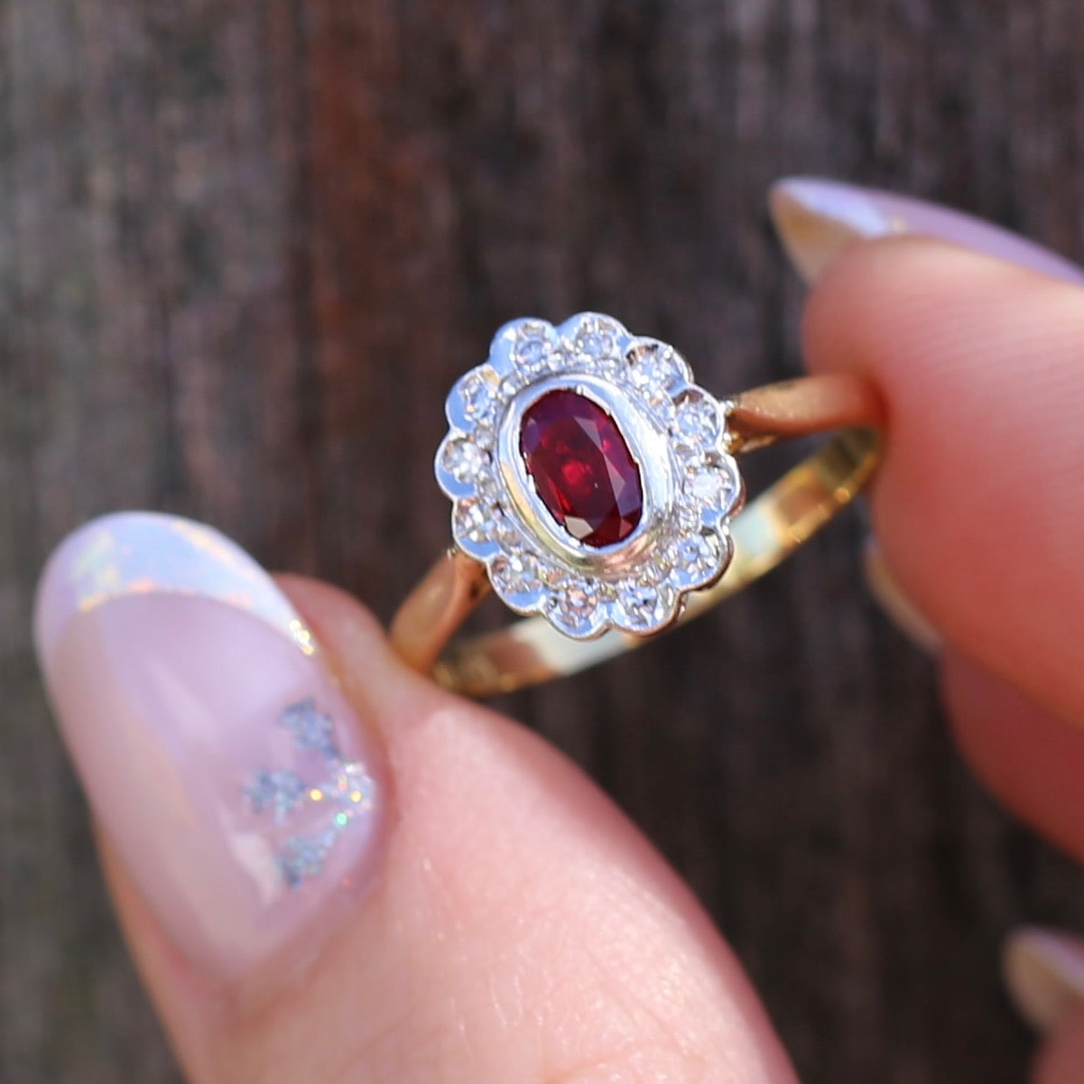 Ruby and Diamond Halo, 18ct Yellow and White Gold, size P or 7.75 with valuation