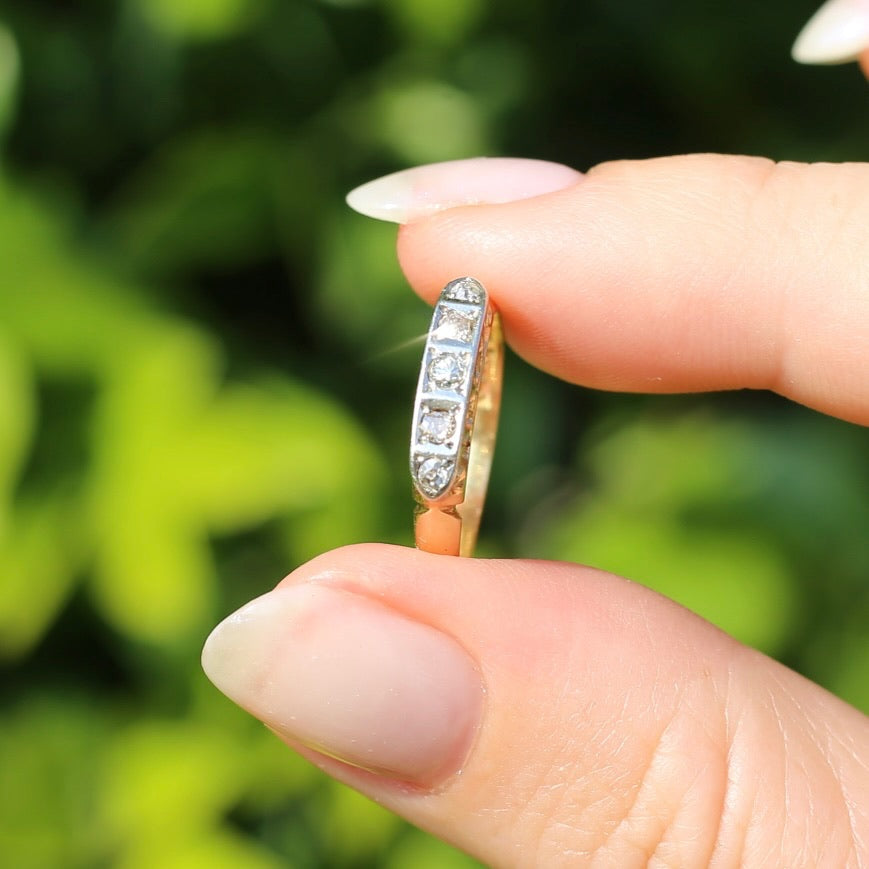 1930s Old Cut 5 Stone Diamond Ring, Platinum and 18ct Yellow Gold, size L or 5.75