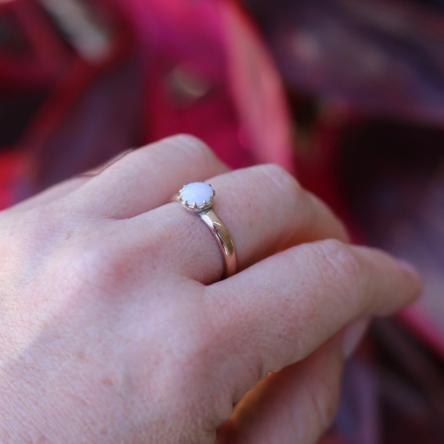 Early Australian 11 Multi Claw White Round Opal Ring, 9ct Old Rosey Gold, size 10 or U