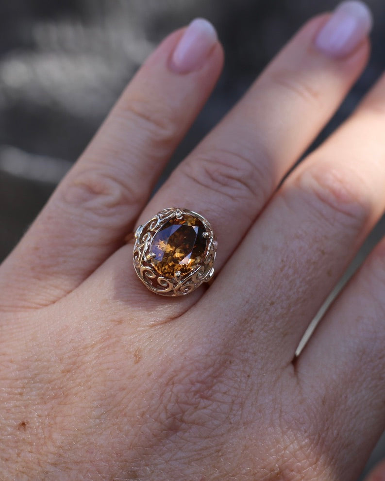 6.9ct Oval Natural Zircon in Raised Filigree Setting, 10ct Yellow Gold, size M1/2 or 6.5, 4.83g