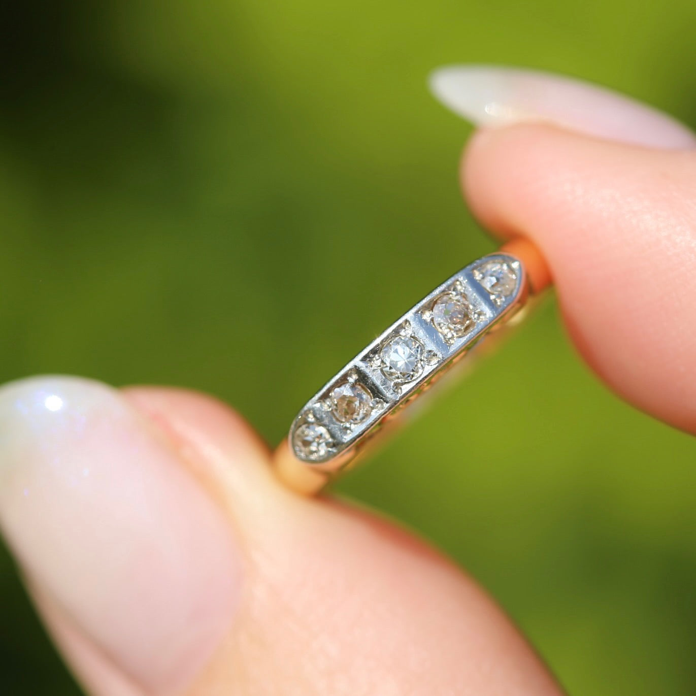 1930s Old Cut 5 Stone Diamond Ring, Platinum and 18ct Yellow Gold, size L or 5.75