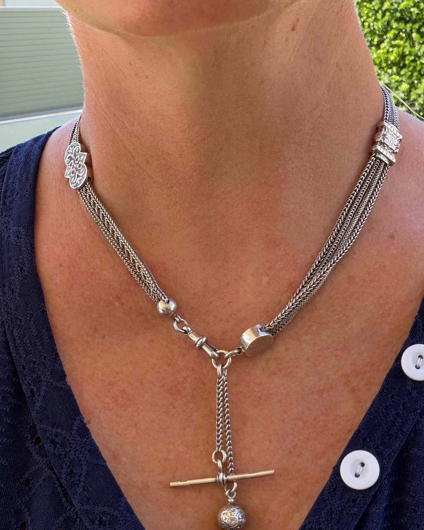 Antique 1901 Double Albertina Necklace with T-bar and Tassel, Sterling Silver, 43.75g