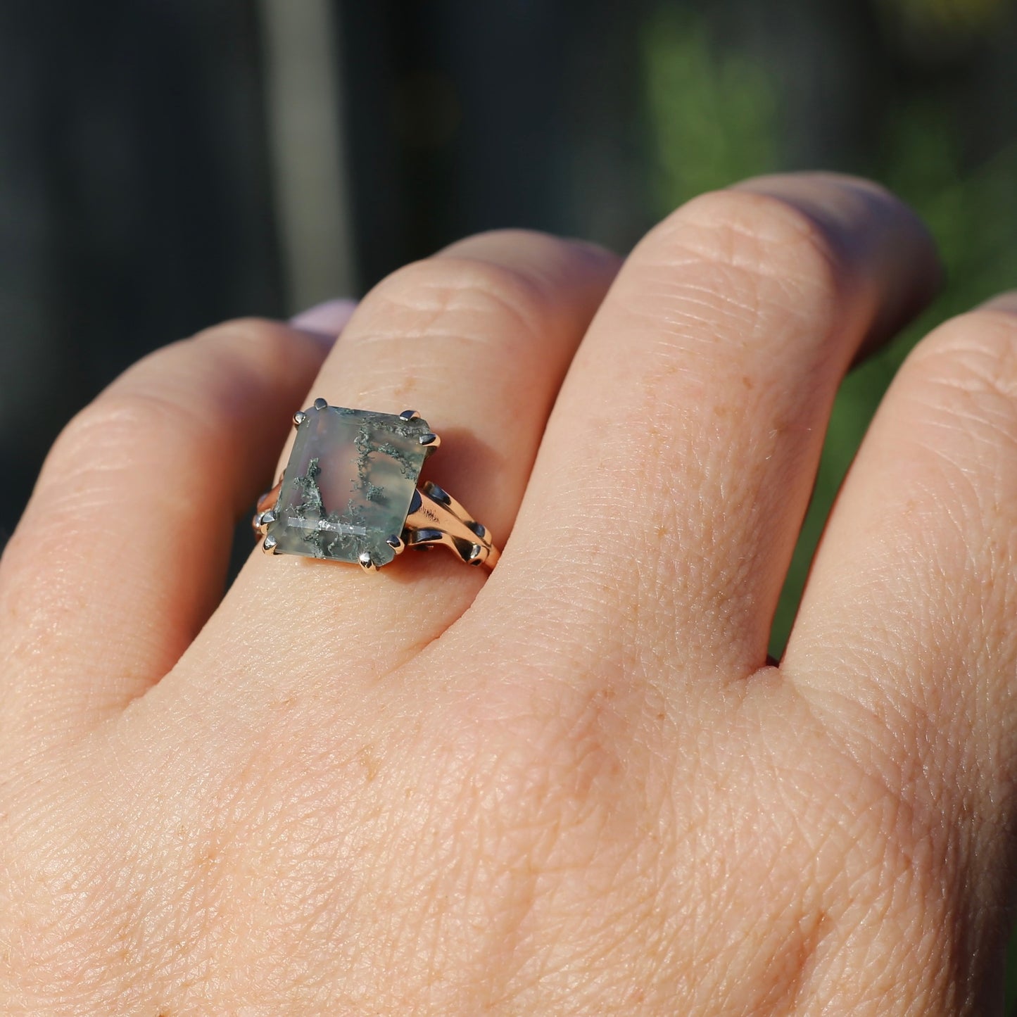 4.95ct Emerald Cut Moss Agate Ring with Fabulous Double Claws, 9ct Older Rosey Gold, size N1/2 or 6.75