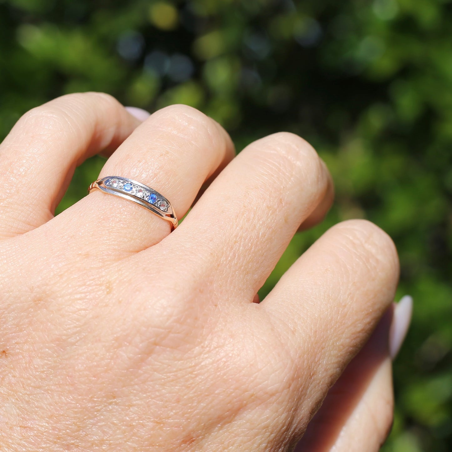 1930s 15ct Gold and Platinum 5 Stone Spinel Ring, 15ct Yellow Gold & Platinum, size M1/2 or 6.5