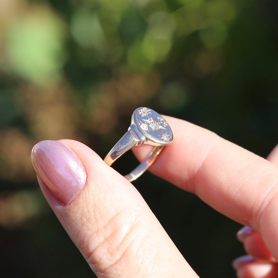 Early Australian Joseph Lawrence Signet Ring, Star Set with 5 Old Cut Diamonds, size T or 9.5