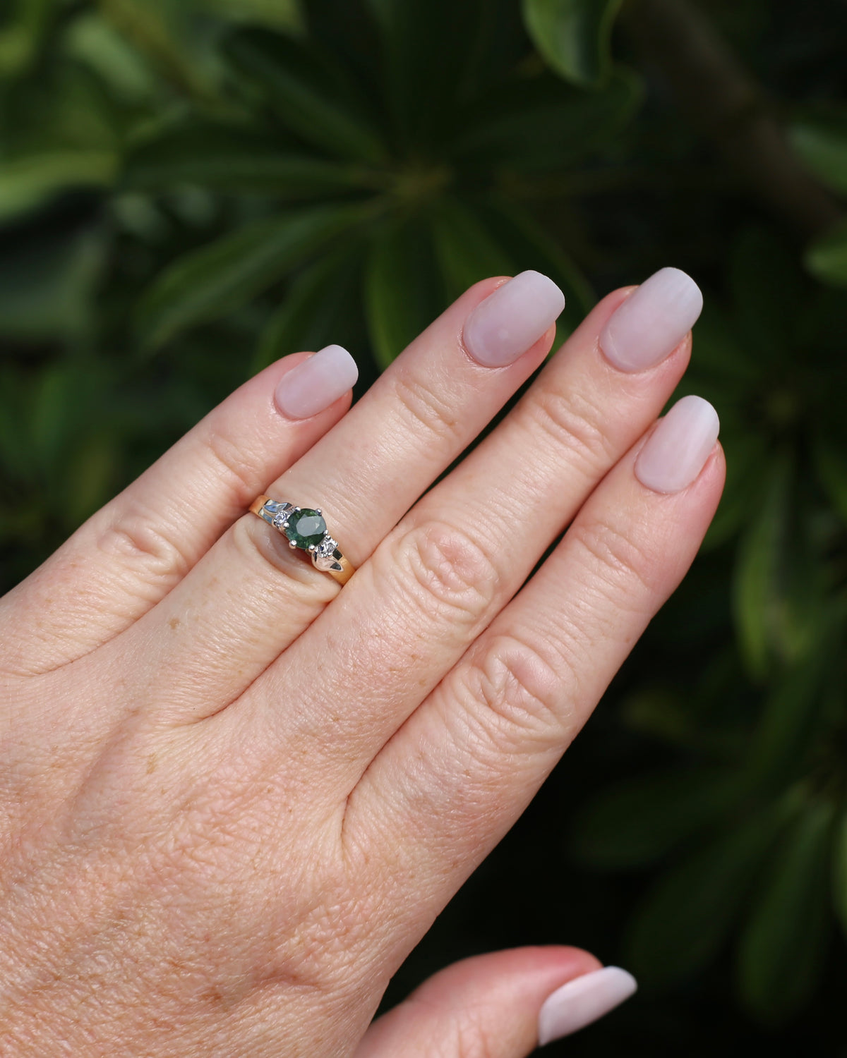 1ct Natural Green Sapphire Ring with White Spinel Side Stones, Silver and 9ct Yellow Gold, size M or 6.25, 2.1g