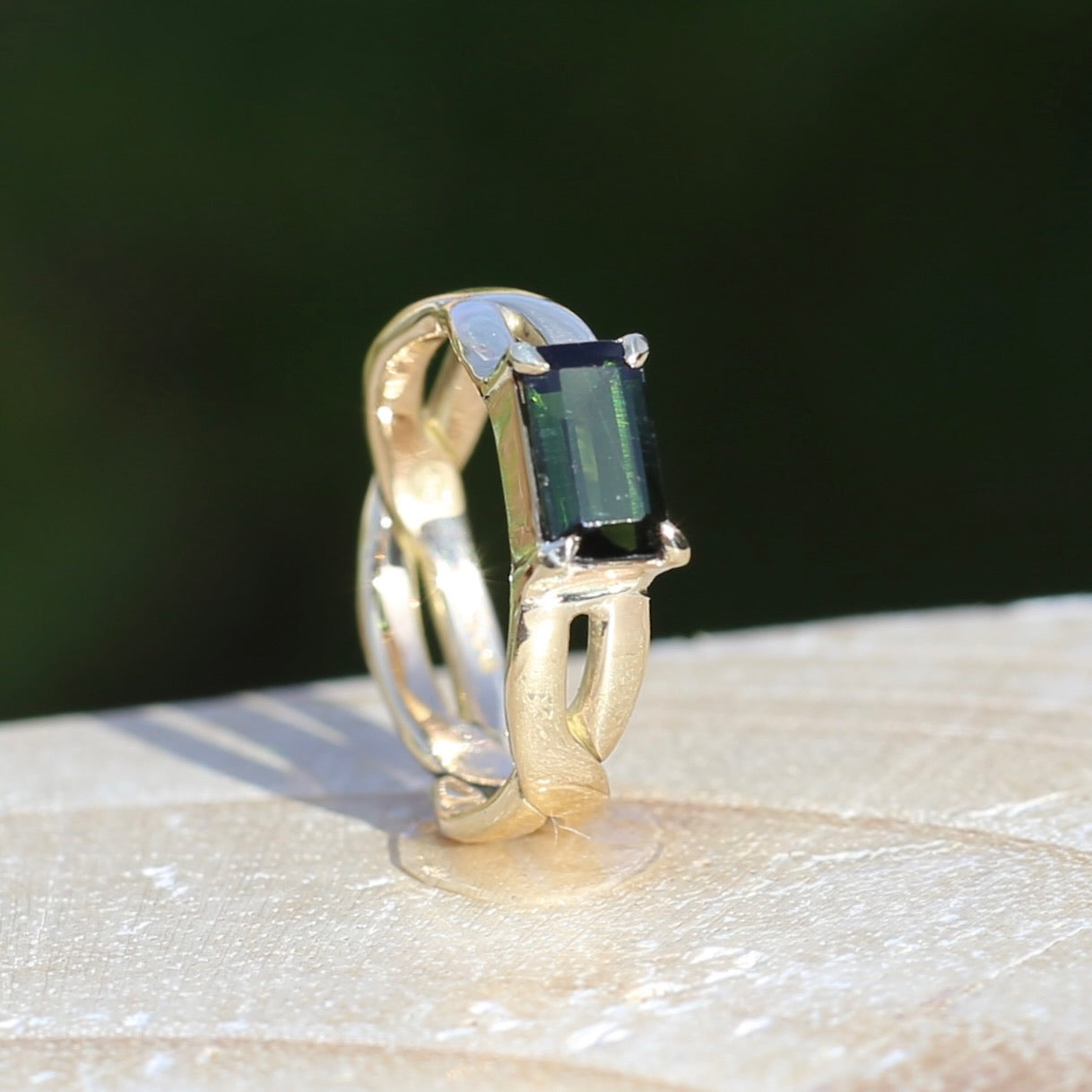 East West Set Emerald Cut Dark Green Natural Tourmaline Ring, 9ct Yellow Gold, size L or 5.75