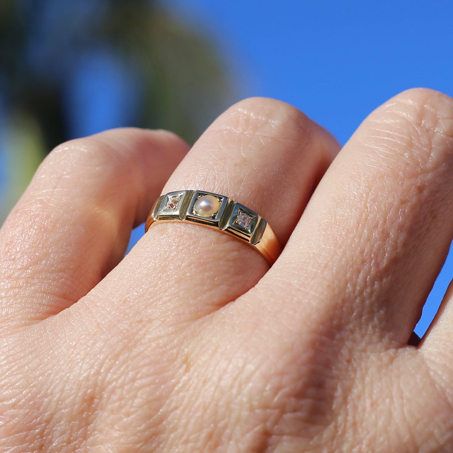 Antique Pearl and Old Cut Diamond Set Trilogy Ring, 18ct Yellow Gold, size N1/2 or 7