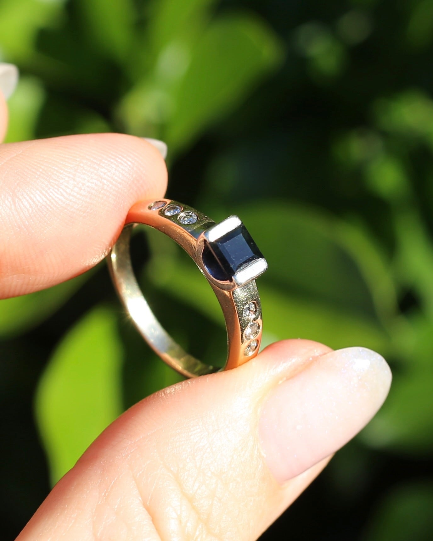 Vintage Chunky East West Set Sapphire and Flush Set Diamonds, 9ct Yellow and White Gold, size 9 or S