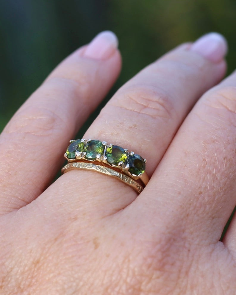 1.75ct Four Stone Natural Green Tourmaline Ring, 9ct Yellow Gold, size N1/2 or just over 6.75, 2.37g