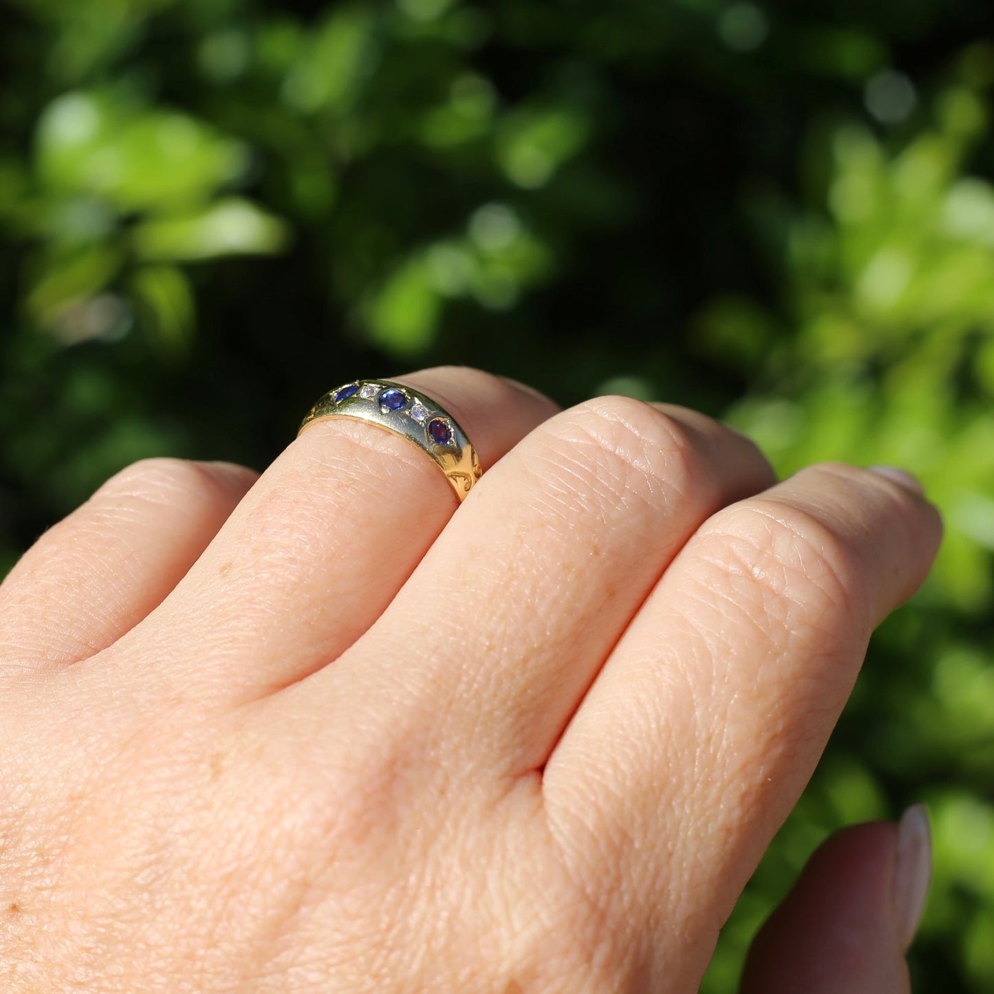 1897 Old Cut Sapphire and Diamond Five Stone Ring, 18ct Yellow Gold, size O or 7.25