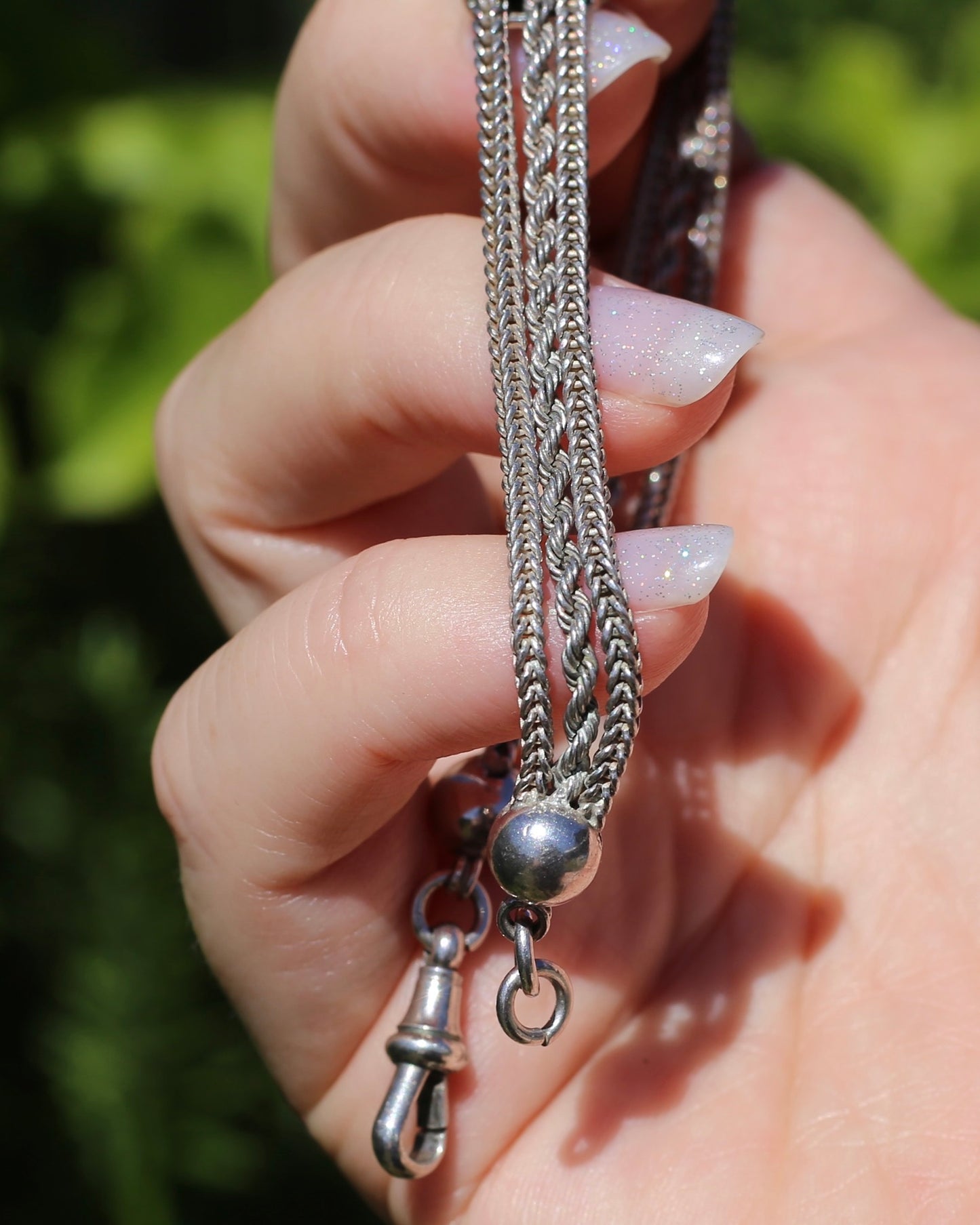 Antique 1901 Double Albertina Necklace with T-bar and Tassel, Sterling Silver, 43.75g