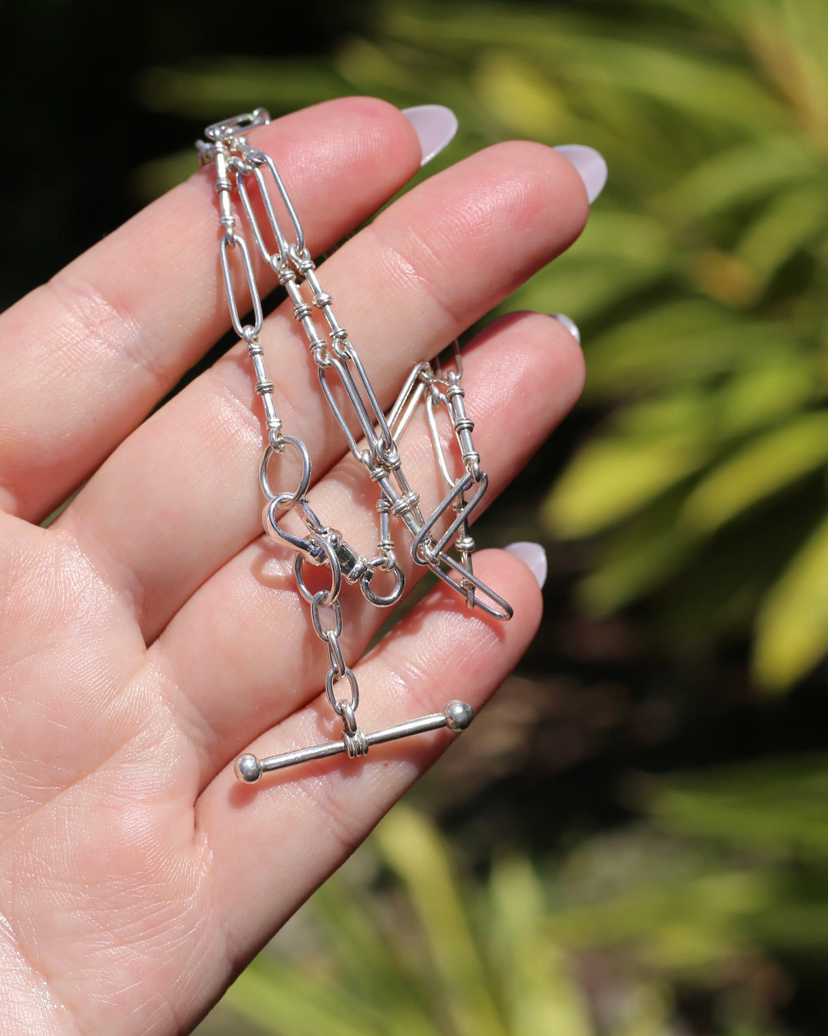 Delicate Trombone and Fancy Link Necklace with Albert Clasp and Detachable T-bar, Sterling Silver, 46cm or just over 18 inches, 10.83g