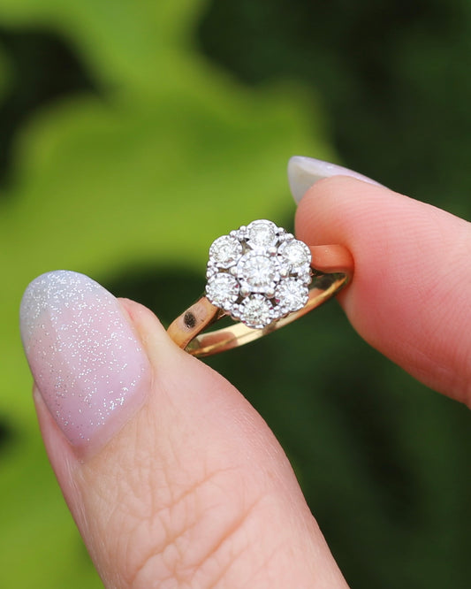 Vintage Illusion Set Natural Diamond Cluster, 9ct Yellow and White Gold, size L or 5.75g, 3.02g
