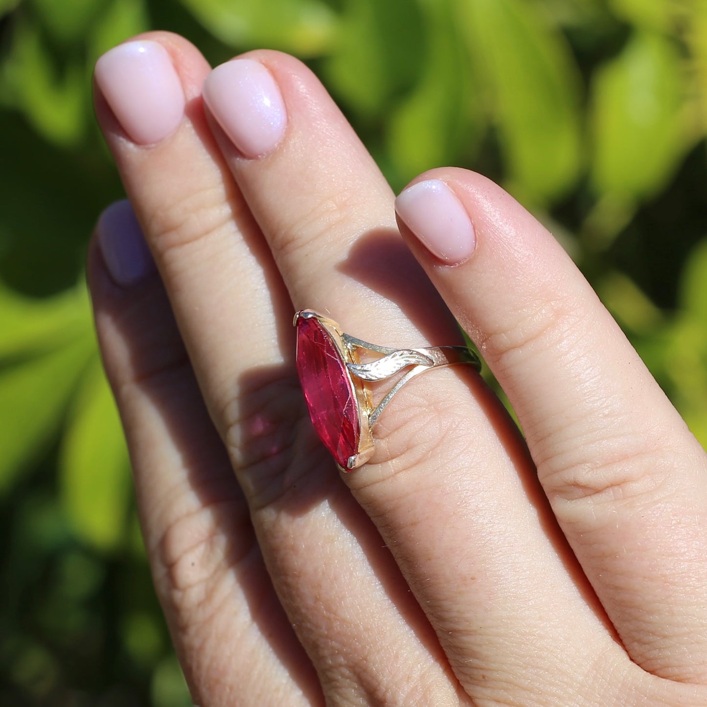 Mid Century Russian Synthetic Ruby Ring, 14ct Rosey Gold, size L1/2 or 6