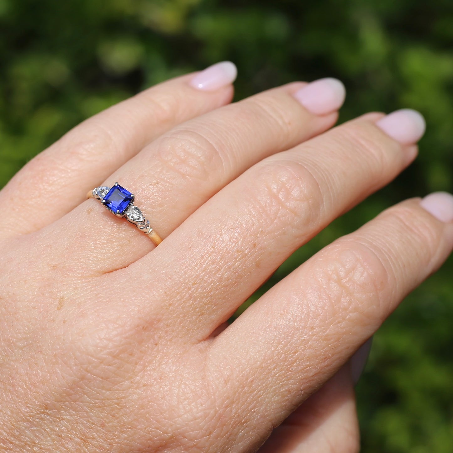 1930s Square Emerald Cut Blue Sapphire, 18ct Yellow and White Gold, size Q1/2 or just over 8.25