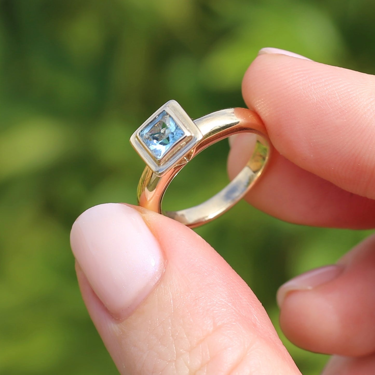 Chunky Bezel Set Princess Cut Blue Topaz, 9ct Yellow Gold, Size M1/2 or 6.5