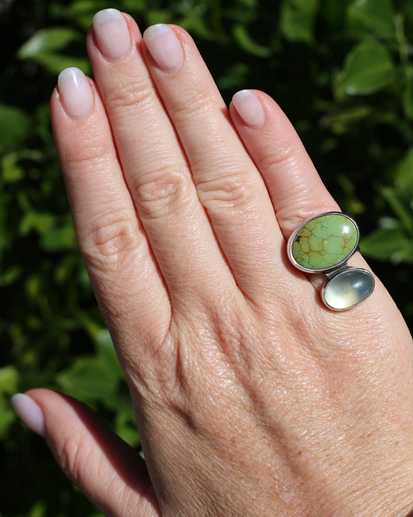 Vintage Green Turquoise and Moonstone Ring, Sterling Silver, size M or 6.25