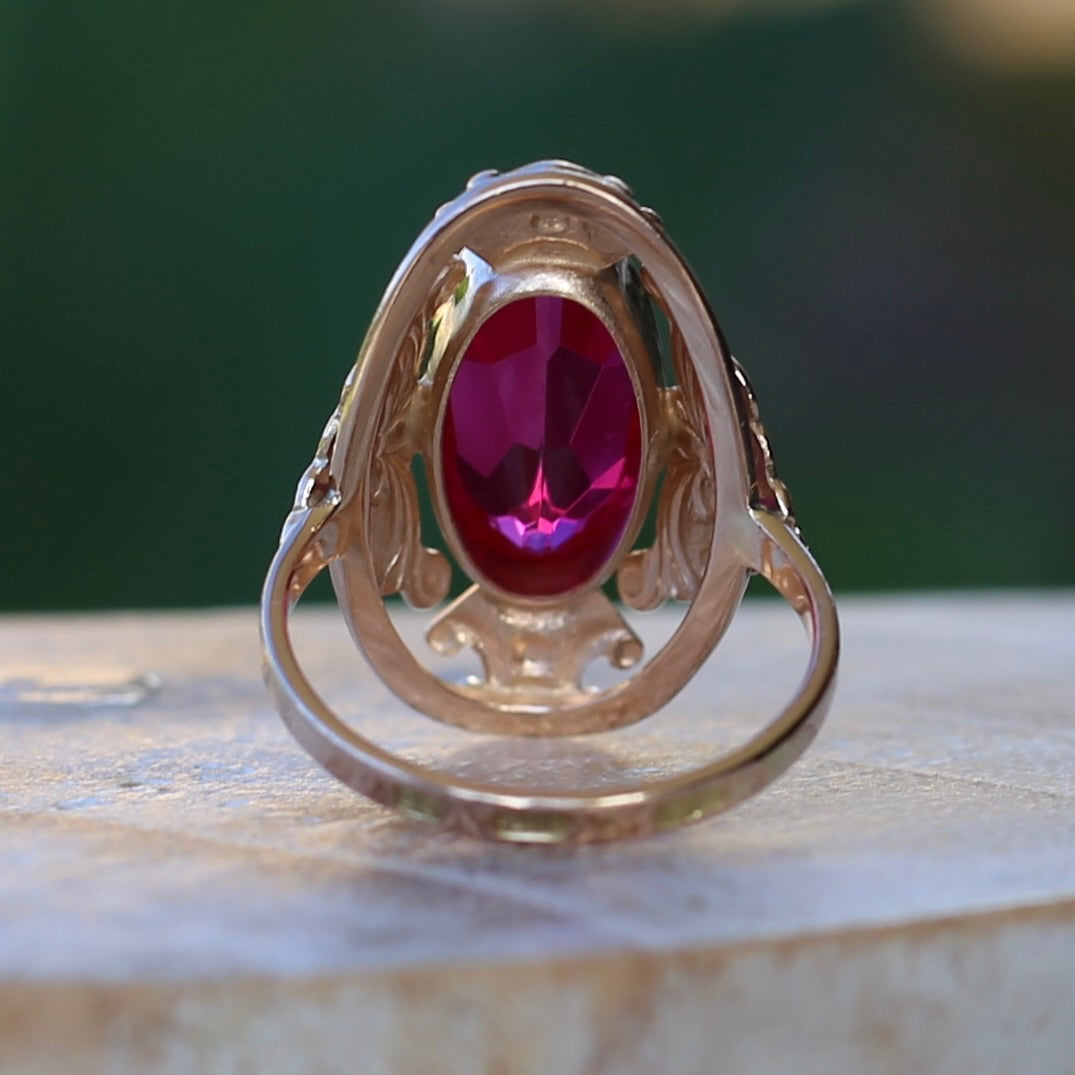 Mid Century Russian Oval Synthetic Ruby in Rosey Gold Floral Setting, 14ct Old Rosey Gold, size N1/2 or 7