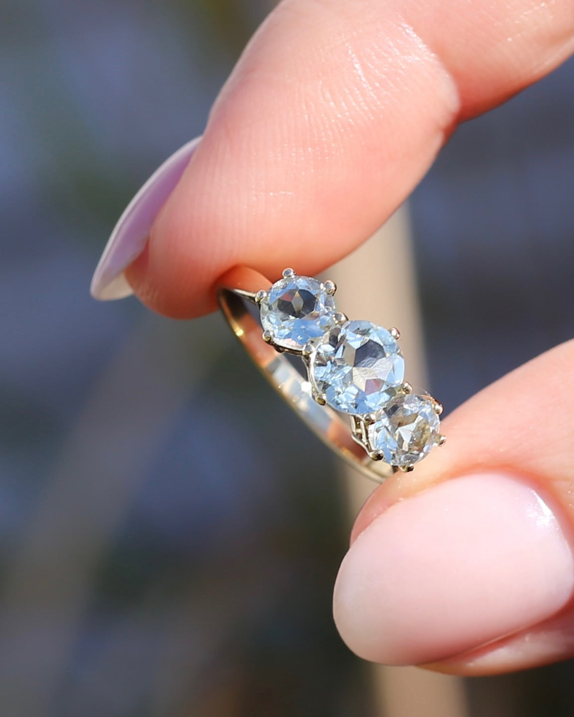 Prasiolite or Green Amethyst in Vintage Trilogy, 9ct Yellow Gold, size 7 or N1/2