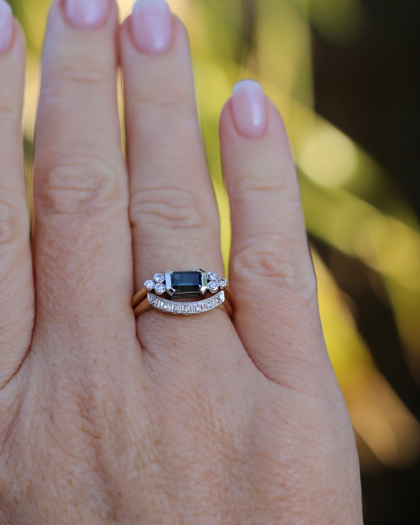Vintique 7 Stone Single Cut Diamond & Milgrain Curved Stacker Ring, 14ct Yellow and White Gold, size P or just over 7.5, 1.49g