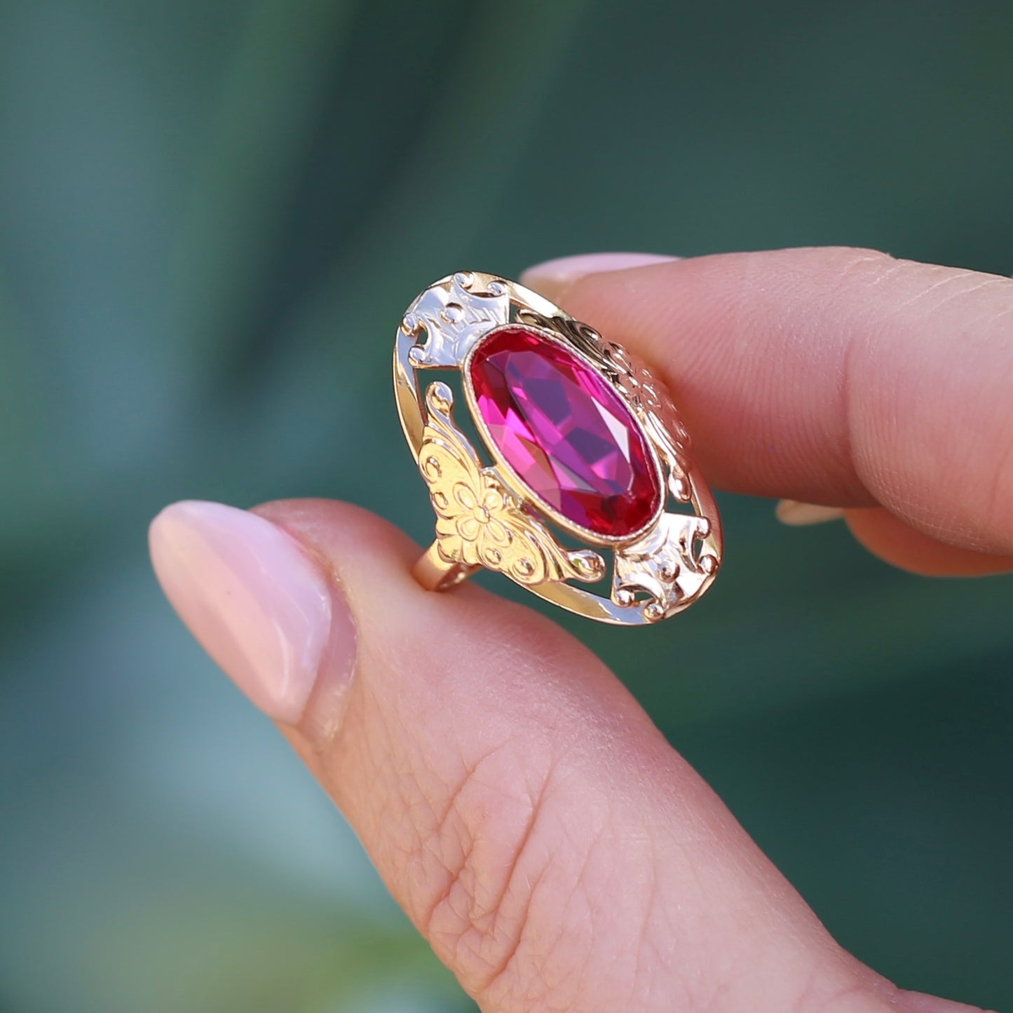 Mid Century Russian Oval Synthetic Ruby in Rosey Gold Floral Setting, 14ct Old Rosey Gold, size N1/2 or 7