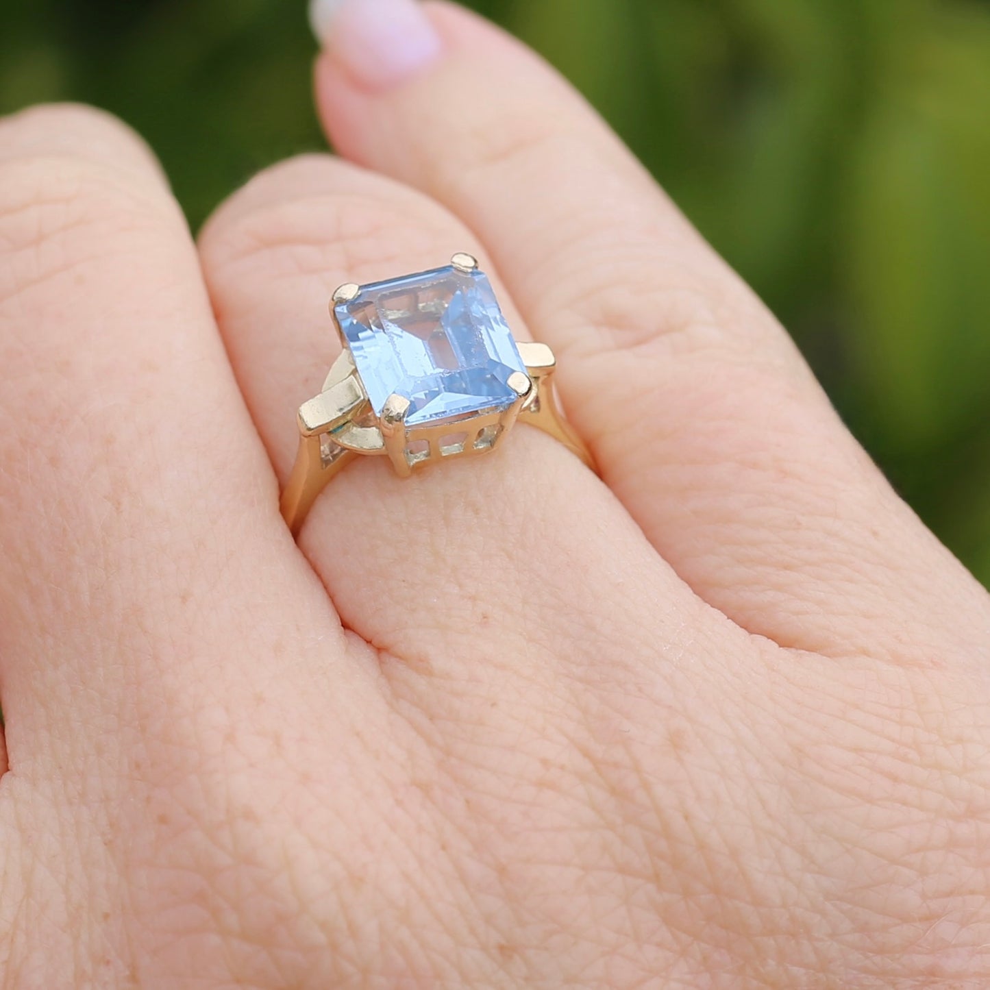 Emerald Cut Synthetic Blue Spinel in Gorgeous Art Deco Setting, 14ct Yellow Gold, size O or 7.25