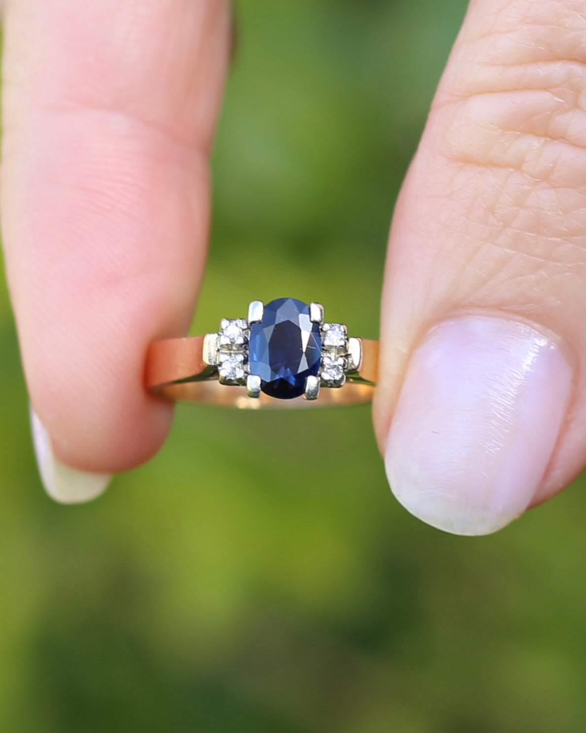 Circa 1970s Natural Sapphire and Diamond Ring, 9ct Yellow and White Gold, size M or 6.25, 4.19g