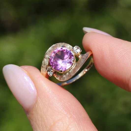 Asymmetric Pink Sapphire and White Spinel Dress Ring, 10ct Yellow Gold, size  N or 6.75