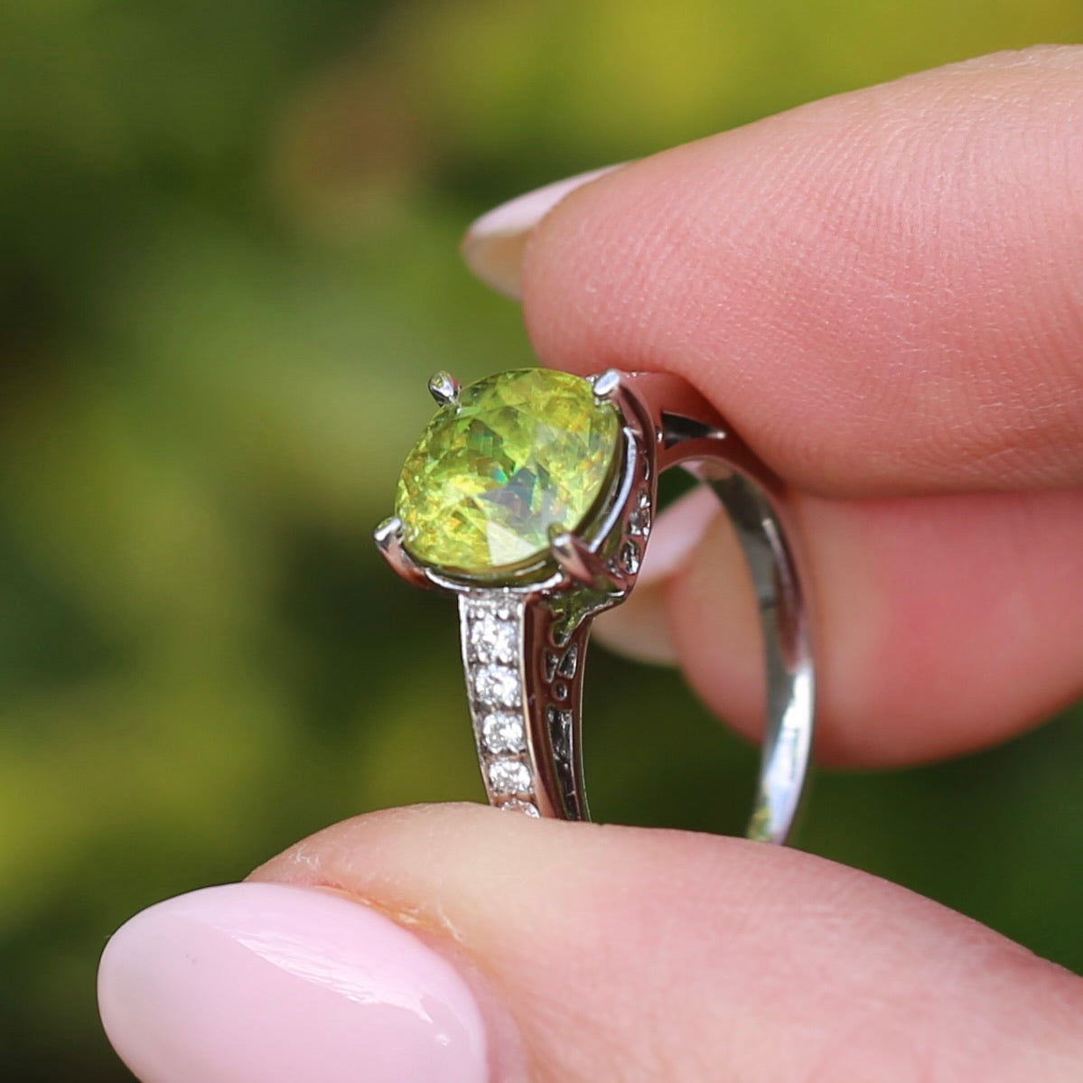 4.11ct Green Zircon and Diamond Ring, 14ct White Gold, size N1/2 or 7, with valuation