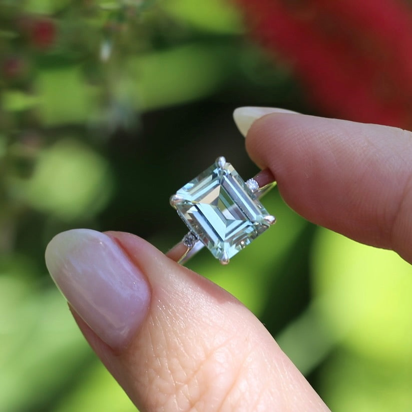 Emerald Cut Prasiolite and Diamond Ring, 9ct White Gold, size P or 7.75