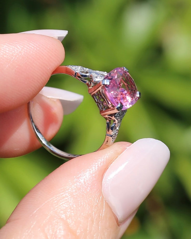 Pale Pink Tourmaline and Old Cut Diamond Shoulder Ring, 18ct White Gold and Platinum, size N or 6.75, 2.63g