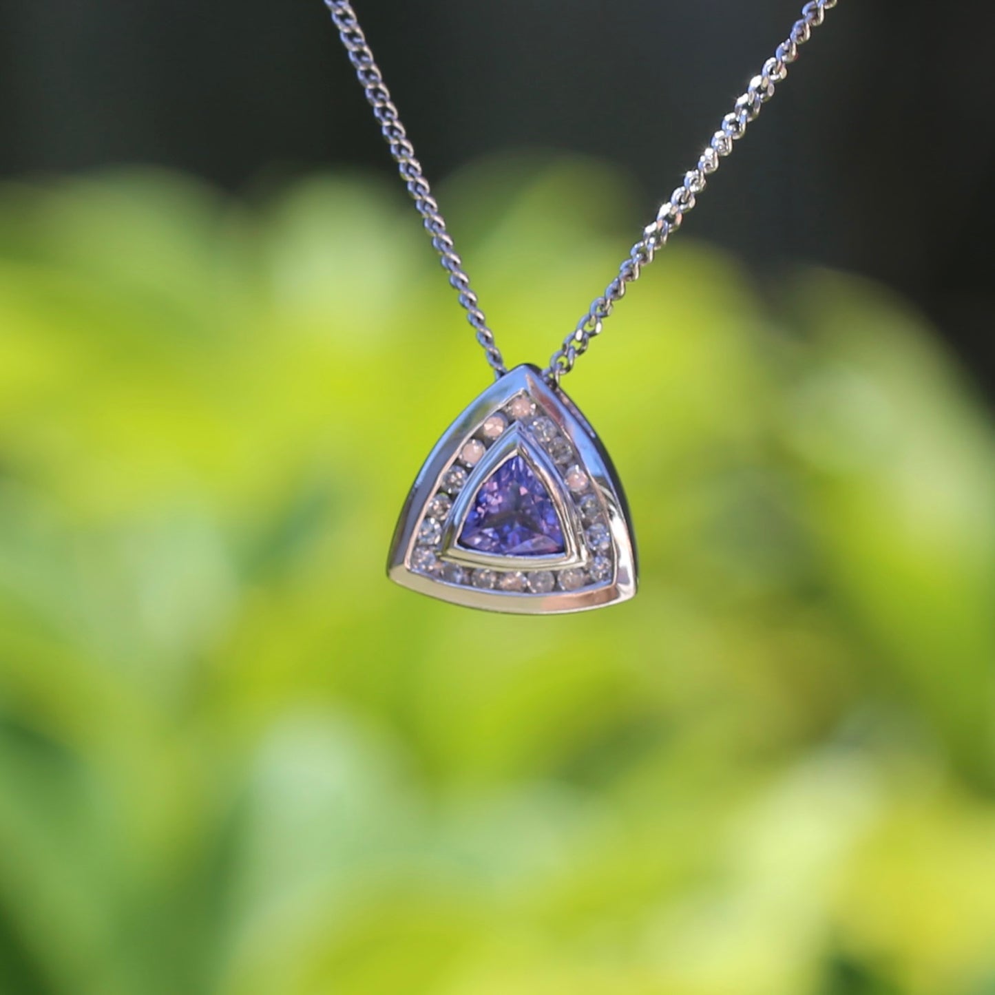 Trillion cut Tanzanite and Diamond Pendant, 14ct White Gold, with 9ct White Gold Chain