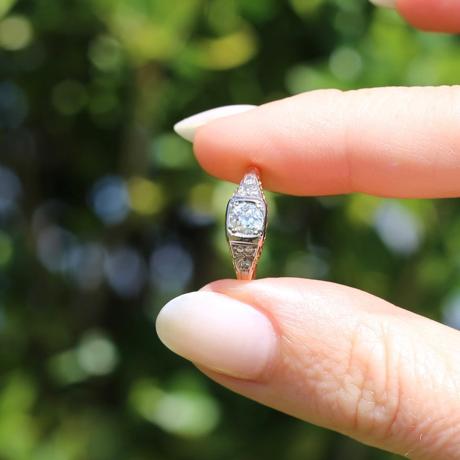 Antique Circa 1915 Old European Cut Solitaire, 18ct White and Yellow Gold, size M1/2 or 6.5