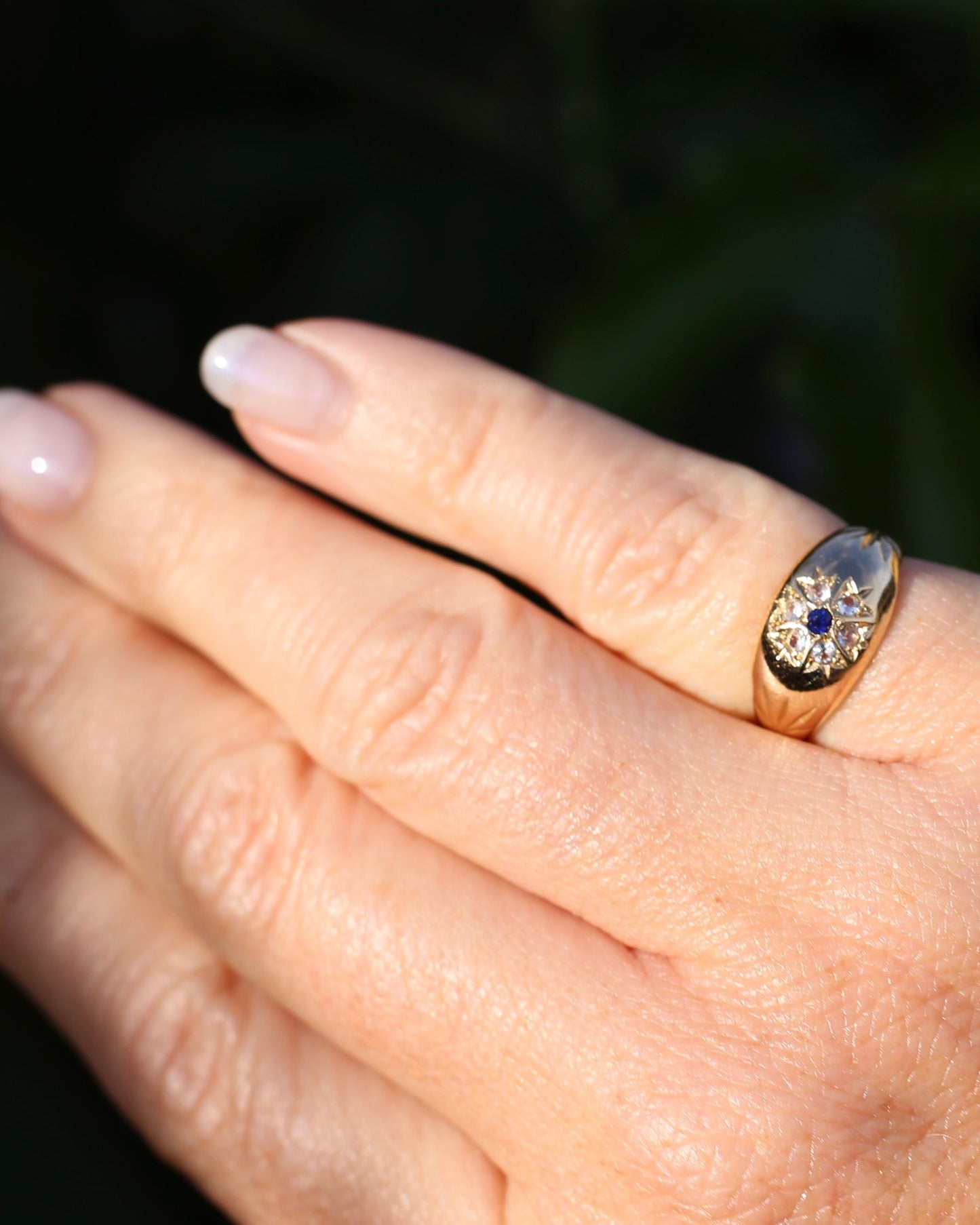 Vintage 1994 Birmingham Made Sapphire and White Stone Floral Cluster in Domed Ring, 9ct Yellow Gold, size J1/2 or 5