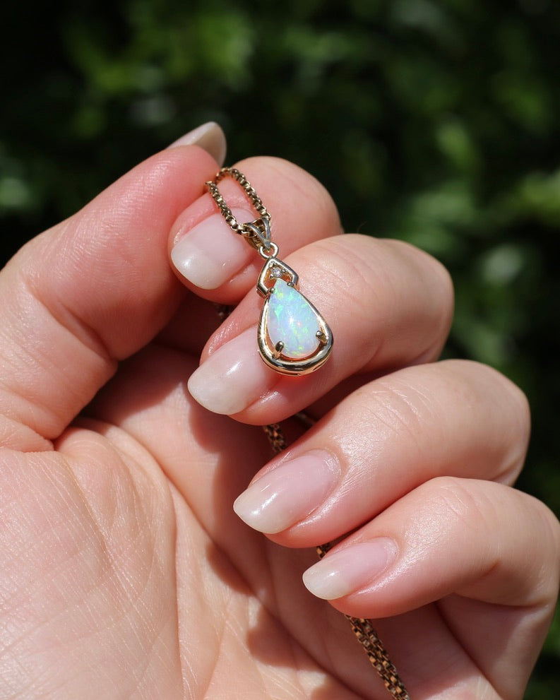 Pear Crystal Opal and Diamond Pendant, 10ct Yellow Gold, 1.5g