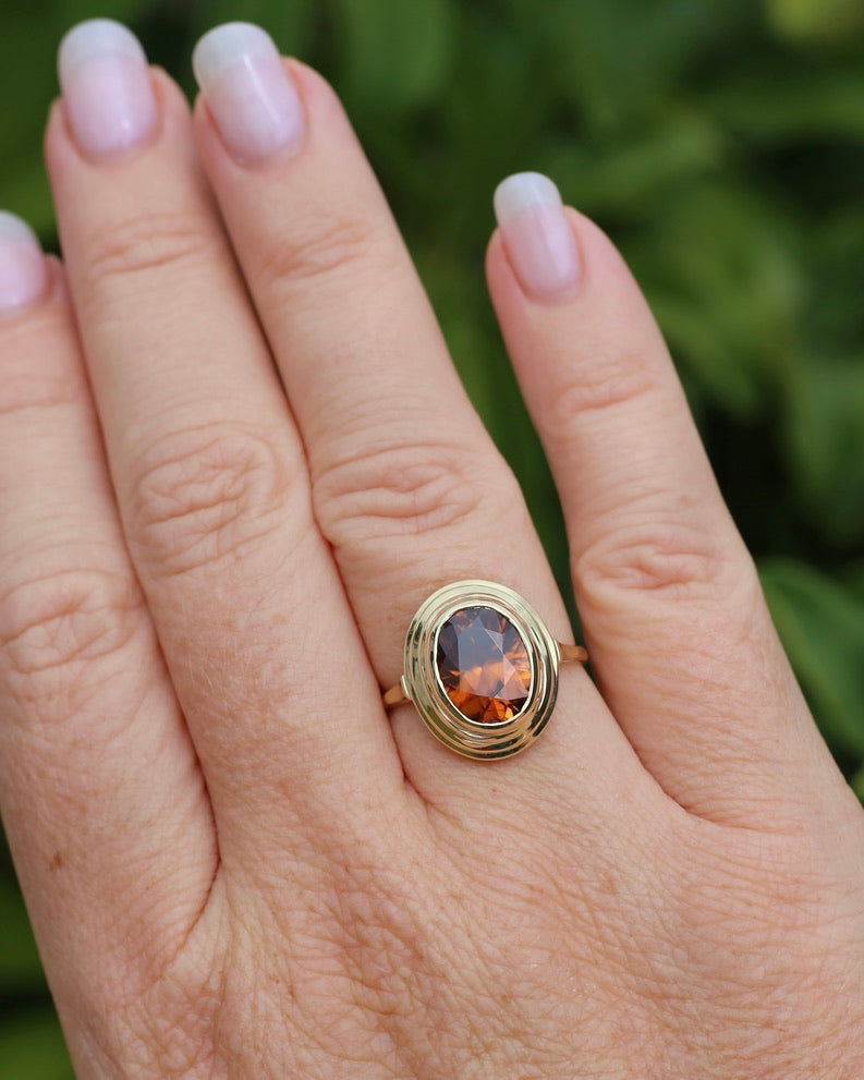 5.08ct Bezel Set Tiered Zircon Ring, 9ct Yellow Gold, size P or 7.5, 14ct Yellow Gold, 4.06g
