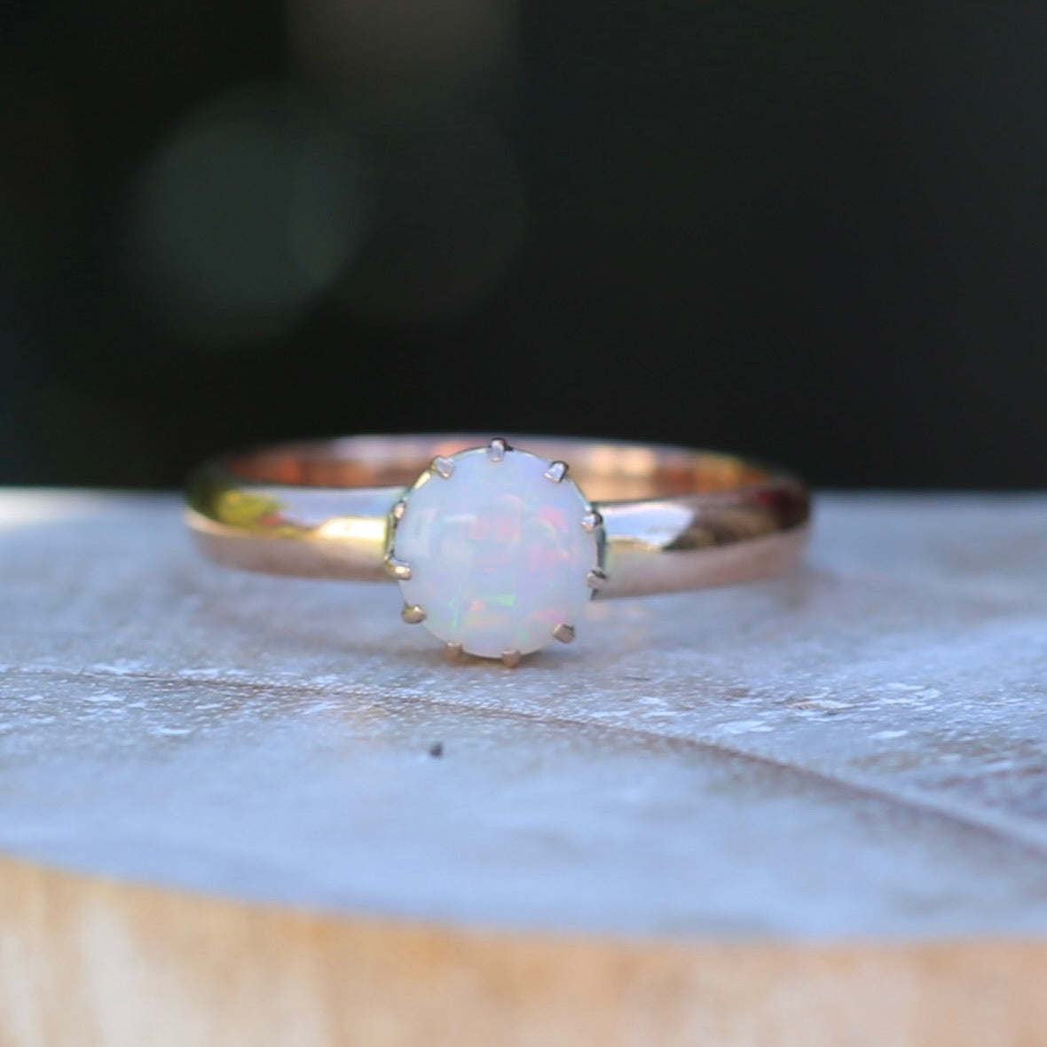 Early Australian 11 Multi Claw White Round Opal Ring, 9ct Old Rosey Gold, size 10 or U