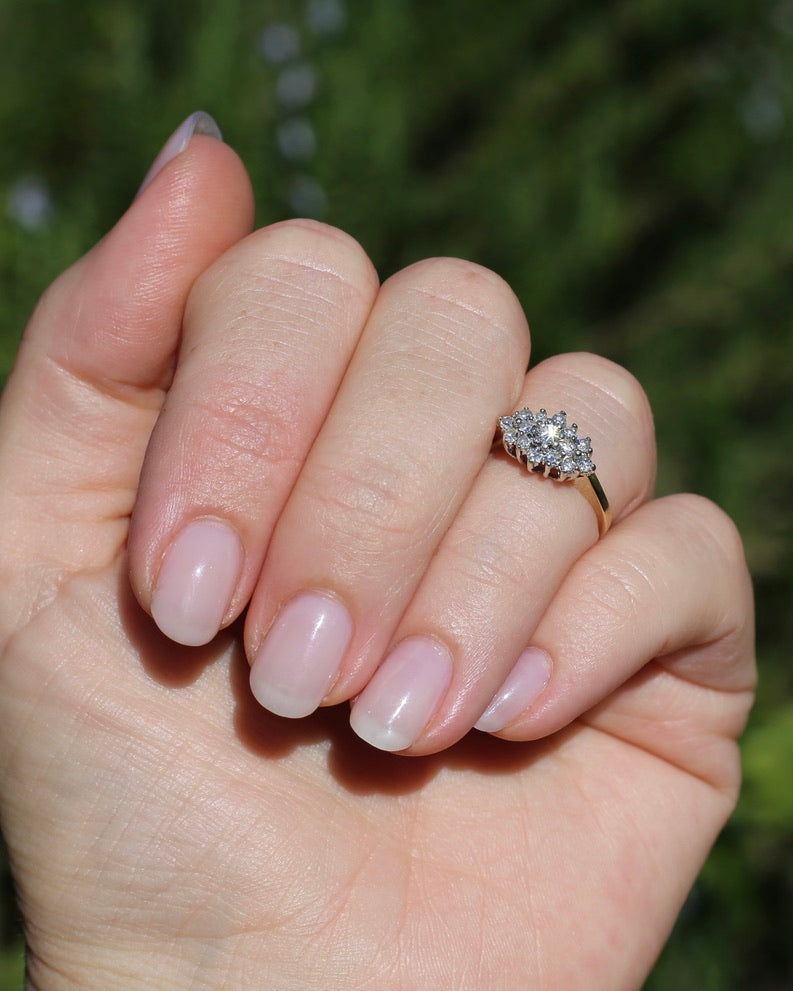 1991 London Made Diamond Cluster Ring, 9ct Yellow and White Gold, size J or 4.75, 2.2g