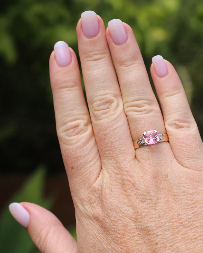 1.62ct Natural Pink Tourmaline in 1970s Mixed Metal Setting with Diamond Side Stones, size P or 7.5, 4.34g