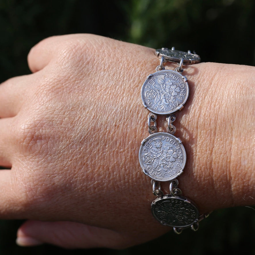 1960 - 1966 Sixpence Bracelet - set in 4 claw settings with double links, 20cm or 8 inches