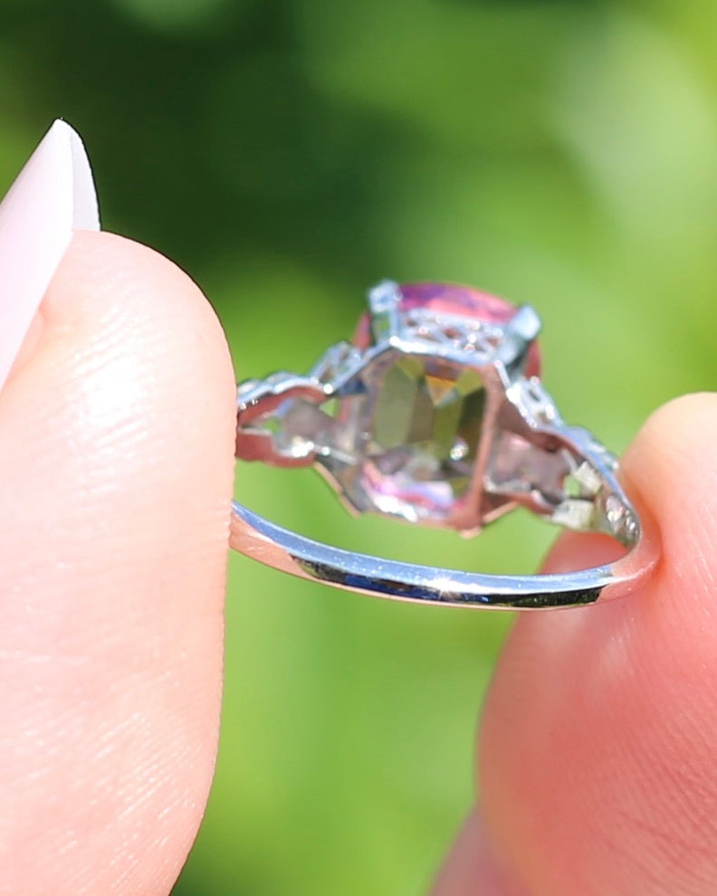 Pale Pink Tourmaline and Old Cut Diamond Shoulder Ring, 18ct White Gold and Platinum, size N or 6.75, 2.63g