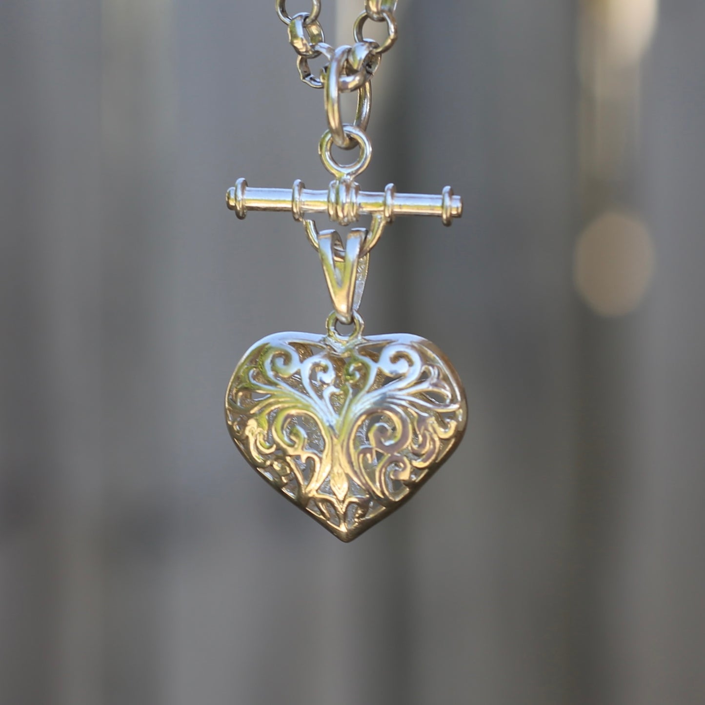 Modern Filigree Heart Fob with T-bar, 7.79g