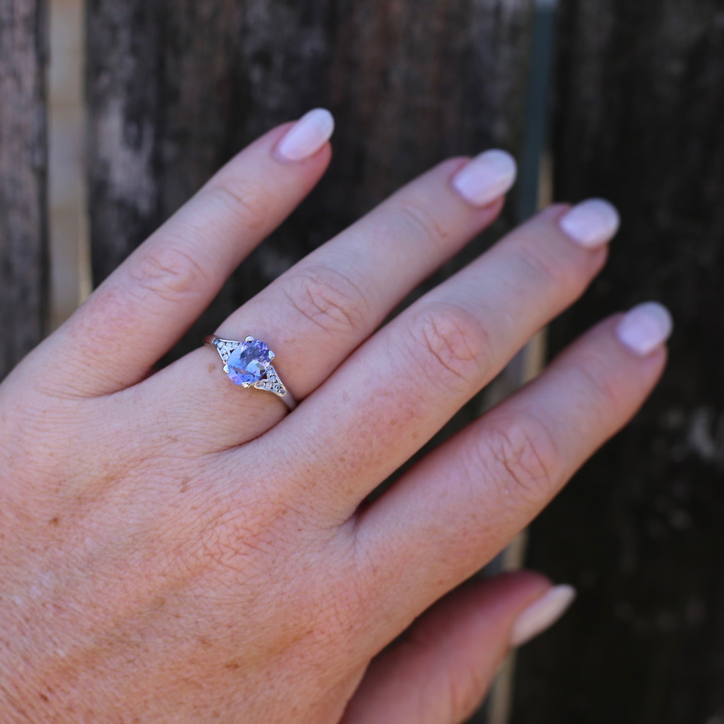 1.36ct Oval Natural Tanzanite and Diamond Split Shoulders, 9ct White Gold, size N1/2 or 7