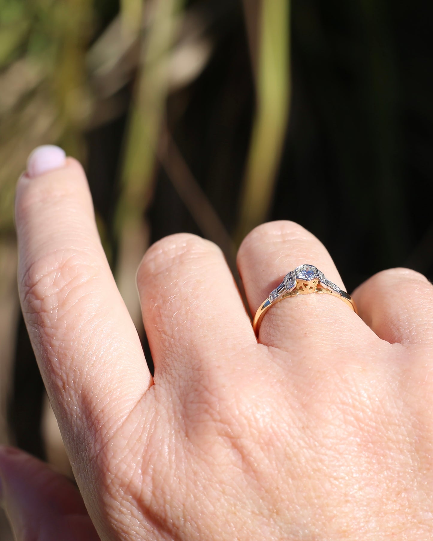 Hexagonal Grain Semi Modern Cut Diamond and Single Cut Diamond Shoulders Ring, 18ct White and Yellow Gold, size P1/2 or 8, 2.58g, with valuation