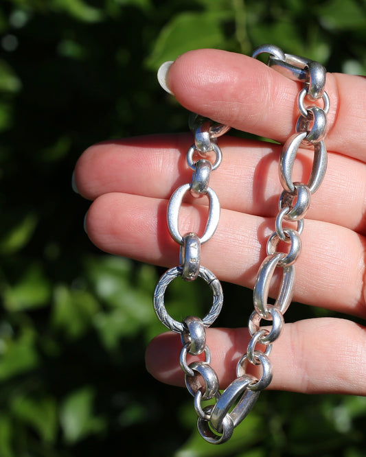 Chunky Oval and Round Linked Bracelet with Fancy Clasp, Sterling Silver, 37.9g