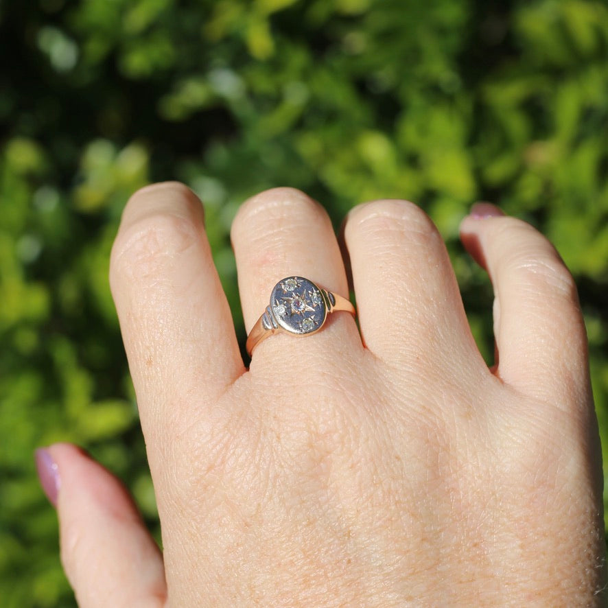 Early Australian Joseph Lawrence Signet Ring, Star Set with 5 Old Cut Diamonds, size T or 9.5